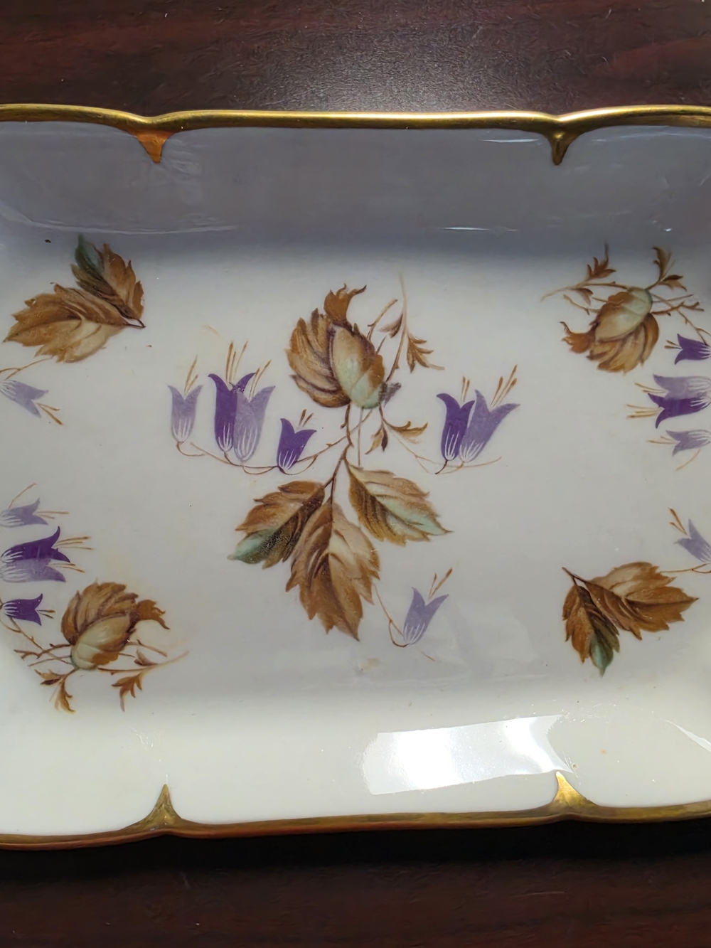 Porcelain Serving Tray with Purple Floral Pattern and Gold Trim